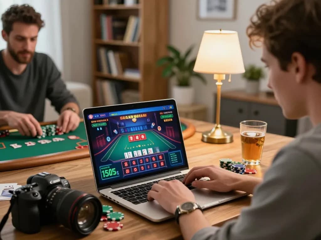 Engaging in strategic blackjack gameplay on kp88 using a laptop, chips scattered, cozy atmosphere.