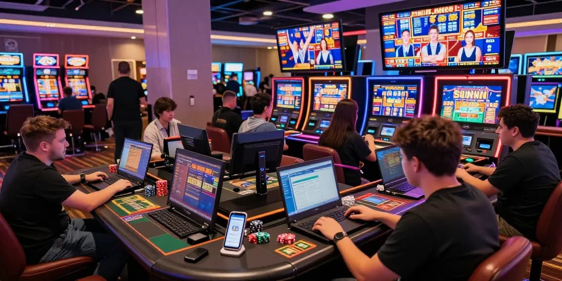 Exciting players engaging with bonus buy slots in a lively online casino environment filled with colorful machines.