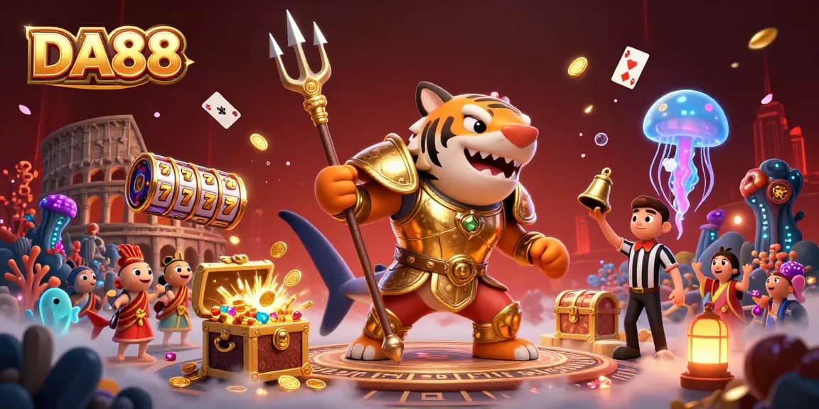 DA88 scene depicting a gladiator shark amidst slot game elements and treasure, engaging gamblers.