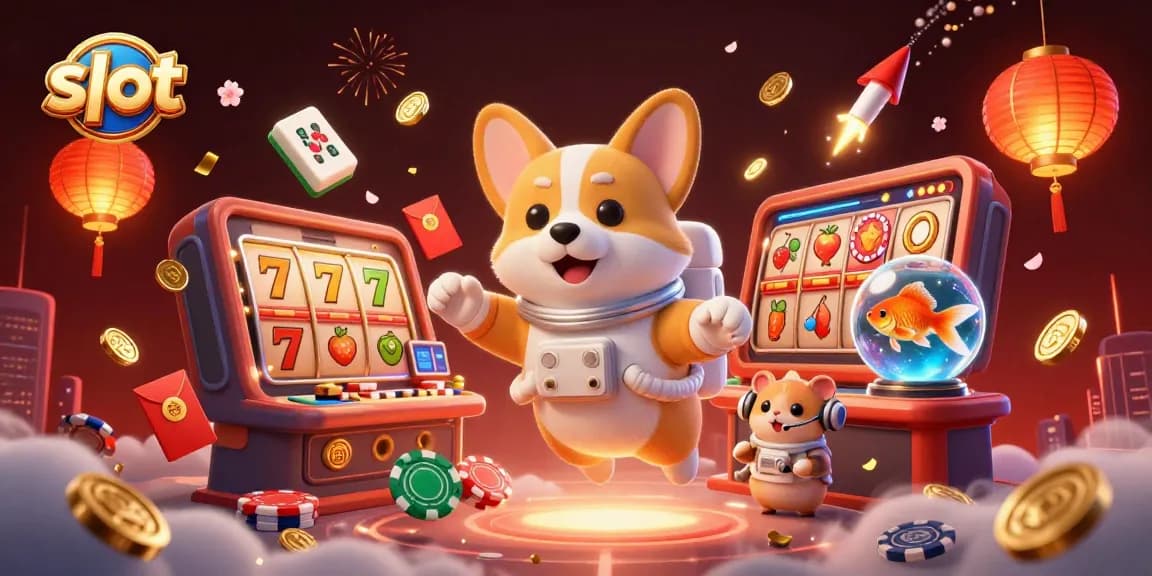 Slot online interaktif dengan astronaut corgi, kasino luar angkasa, dan elemen permainan yang meriah.