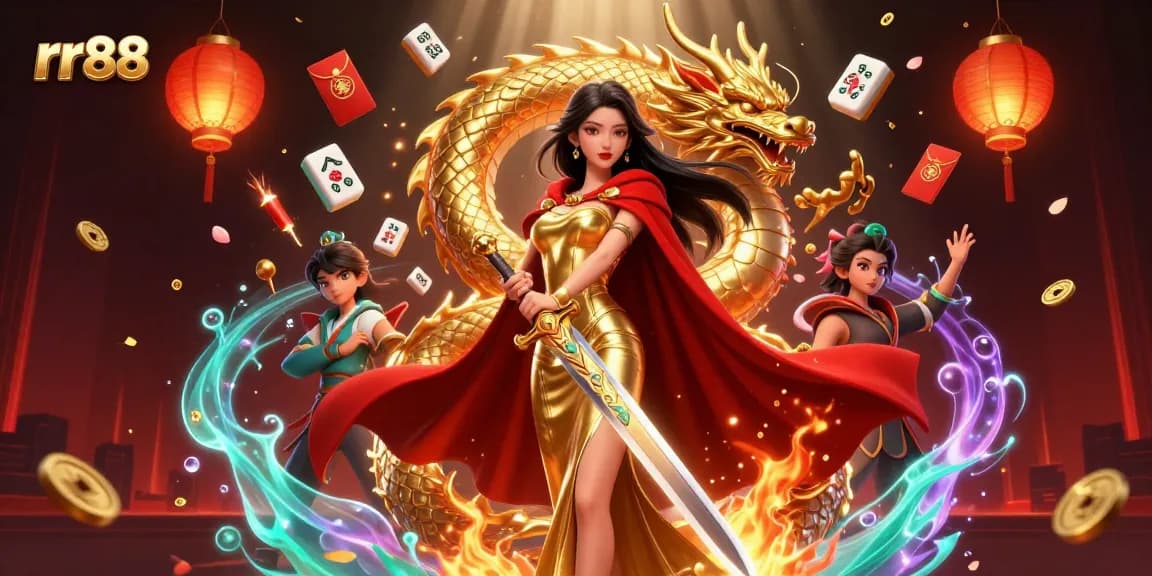 Bet on victory with rr88 as the warrior queen commands the casino scene amidst vibrant symbols.