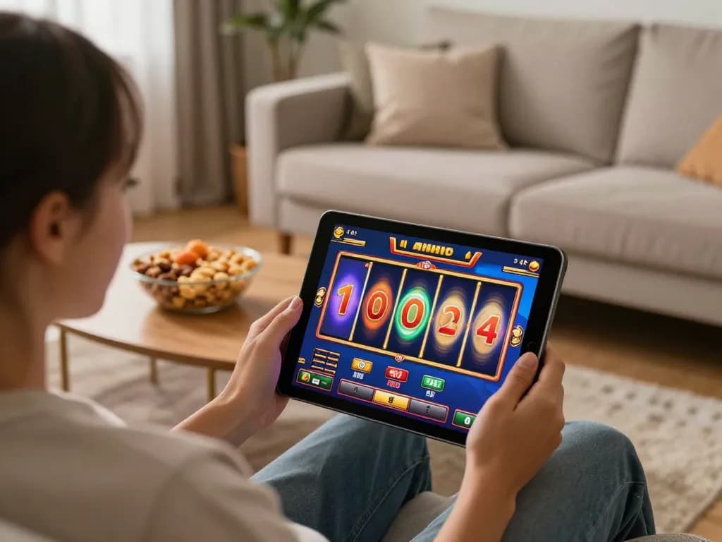 Player spins slot games on tablet in a cozy living room setting, showcasing exciting online gameplay.