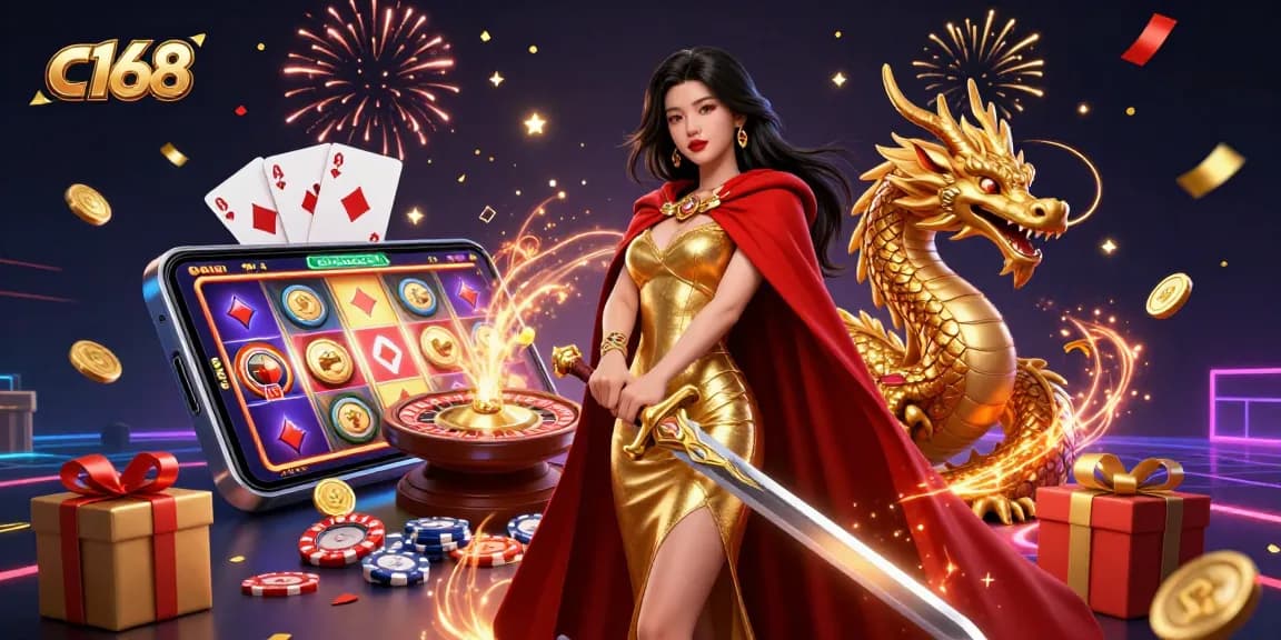 Engage with c168's energetic online casino experience featuring a warrior queen and gambling elements.