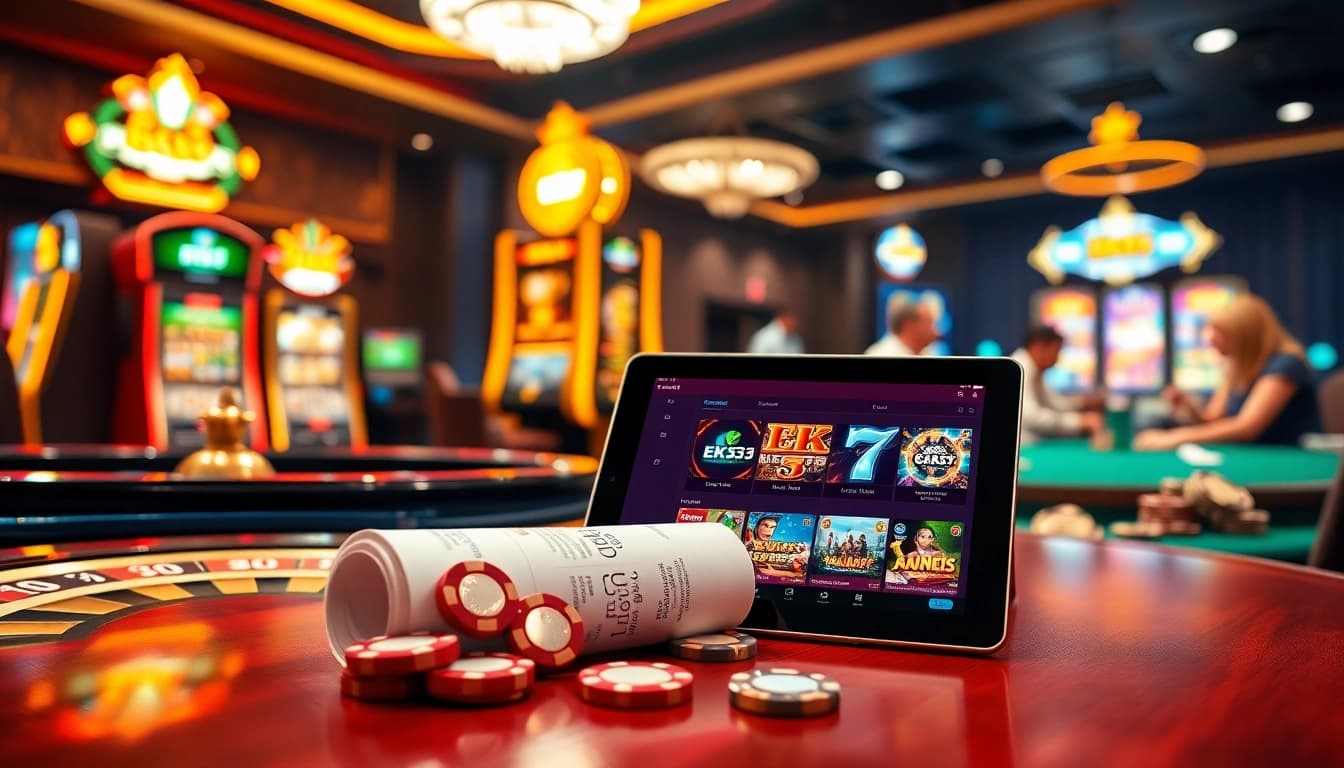 Win big at EK333's thrilling gaming platform with poker chips and roulette in a vibrant casino scene.