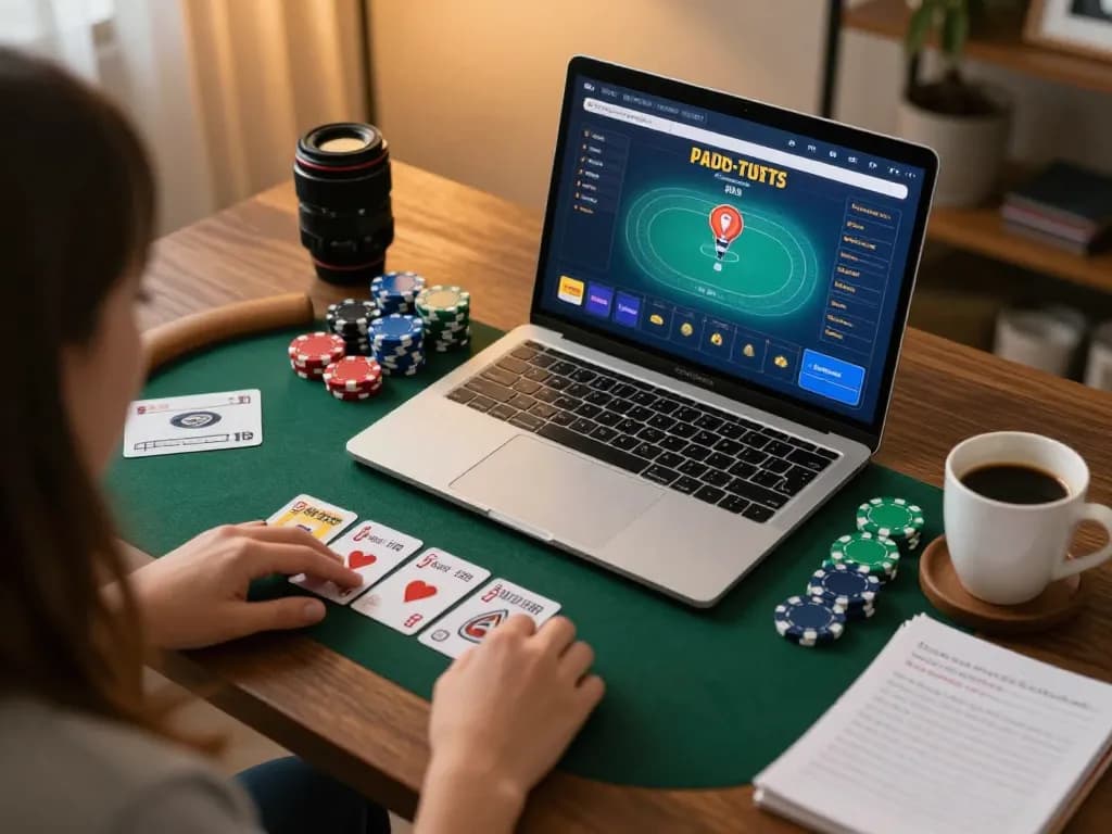 F8BET players strategizing with colorful poker chips and laptop during a home gaming session.