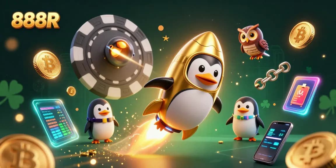 Engage with 888R in a dynamic casino-themed 3D illustration featuring a golden penguin and poker chip.