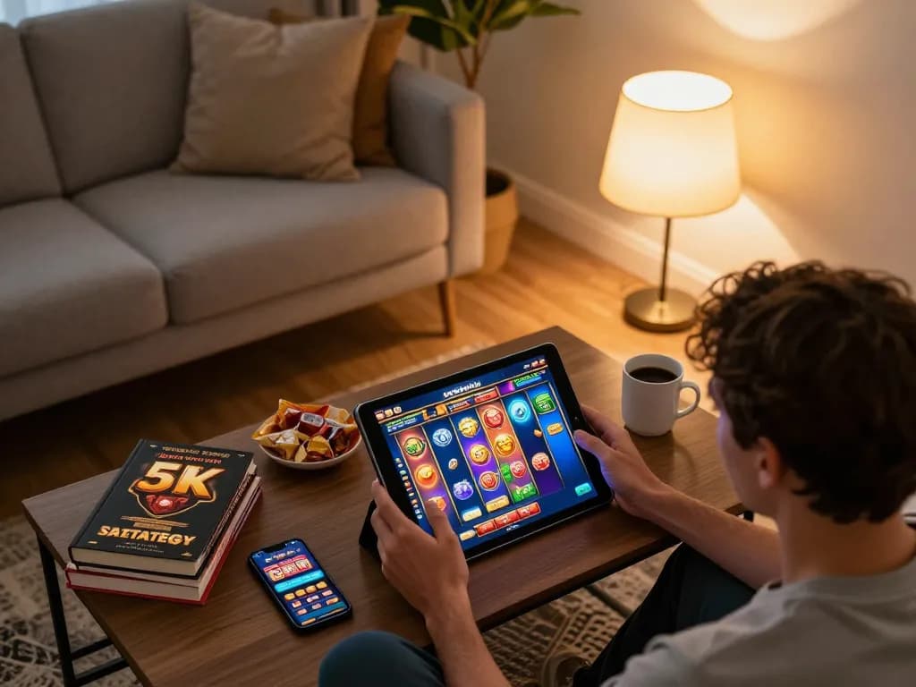 Engaged player enjoying a slot 5k game on a tablet in a cozy home environment with strategic elements.