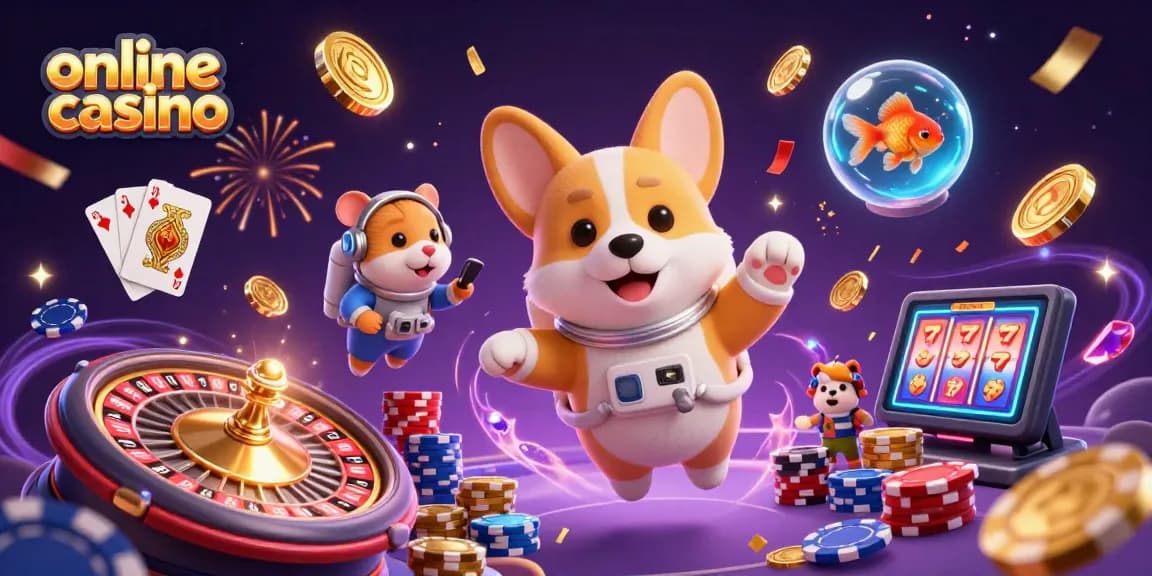 Engage with exciting online casino games featuring a cartoon astronaut corgi and vibrant casino elements.