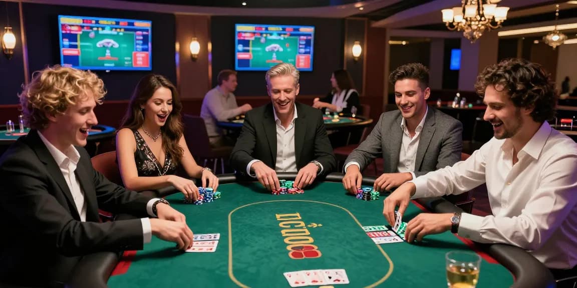 Pajaktoto gaming experience with friends at a lively poker table, vibrant casino atmosphere