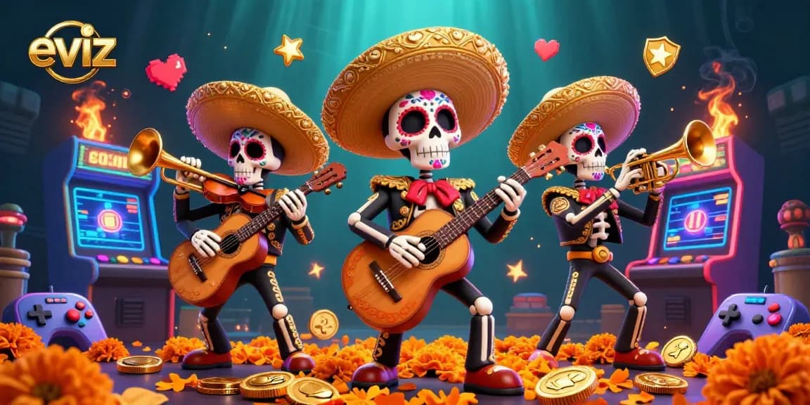 eviz branded illustration featuring a lively mariachi band surrounded by casino and arcade game elements
