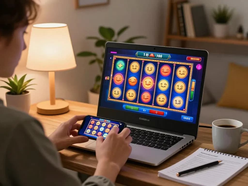 Pemain MPO777 menikmati slot online di smartphone, ruang tamu yang nyaman dengan pencahayaan hangat.