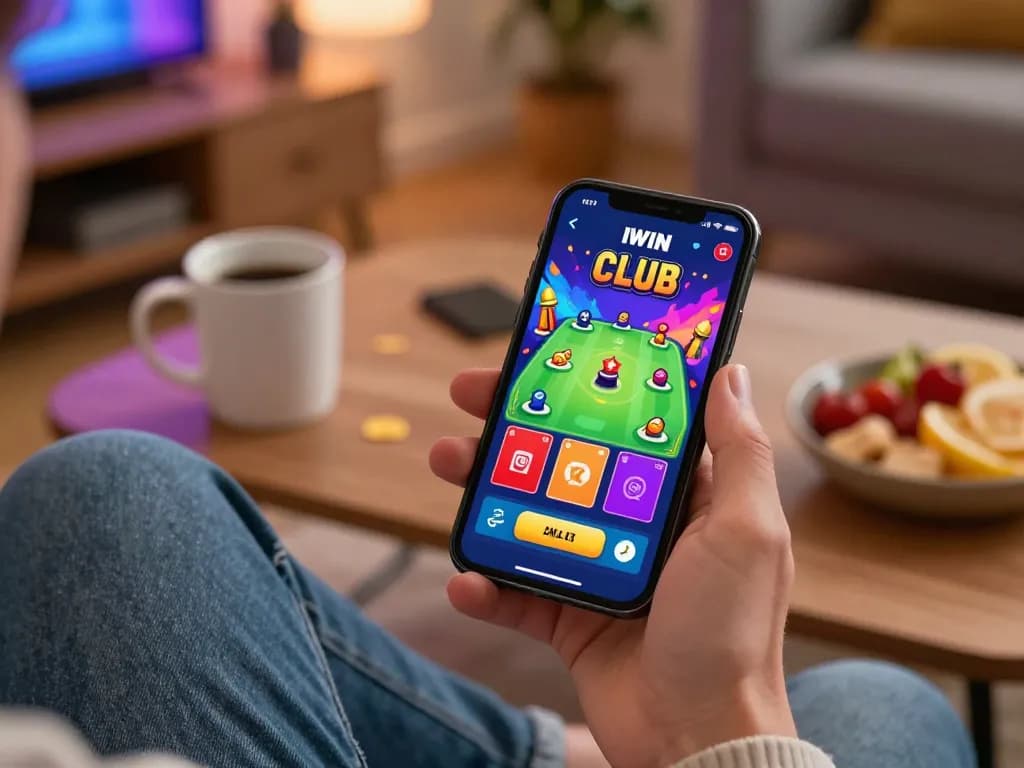IWIN Club user actively playing card games on smartphone in cozy home setting