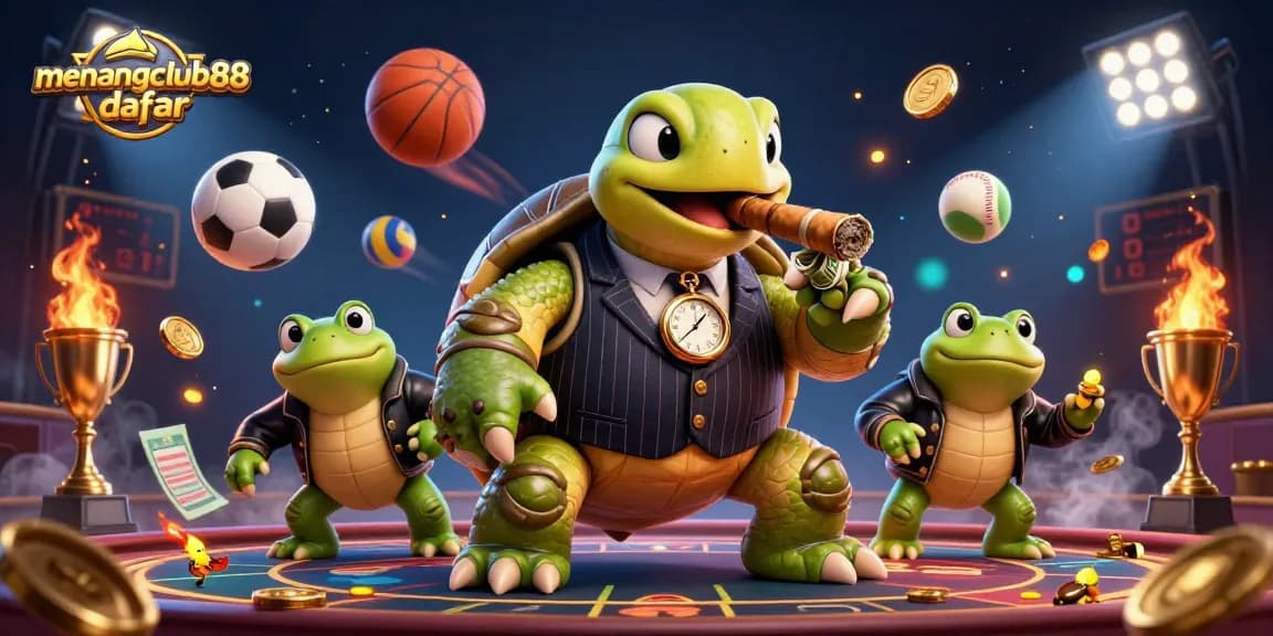 Engage with the thrilling world of menangclub88 daftar, featuring a snapping turtle in a stylish mobster suit amid dynamic sports betting elements.