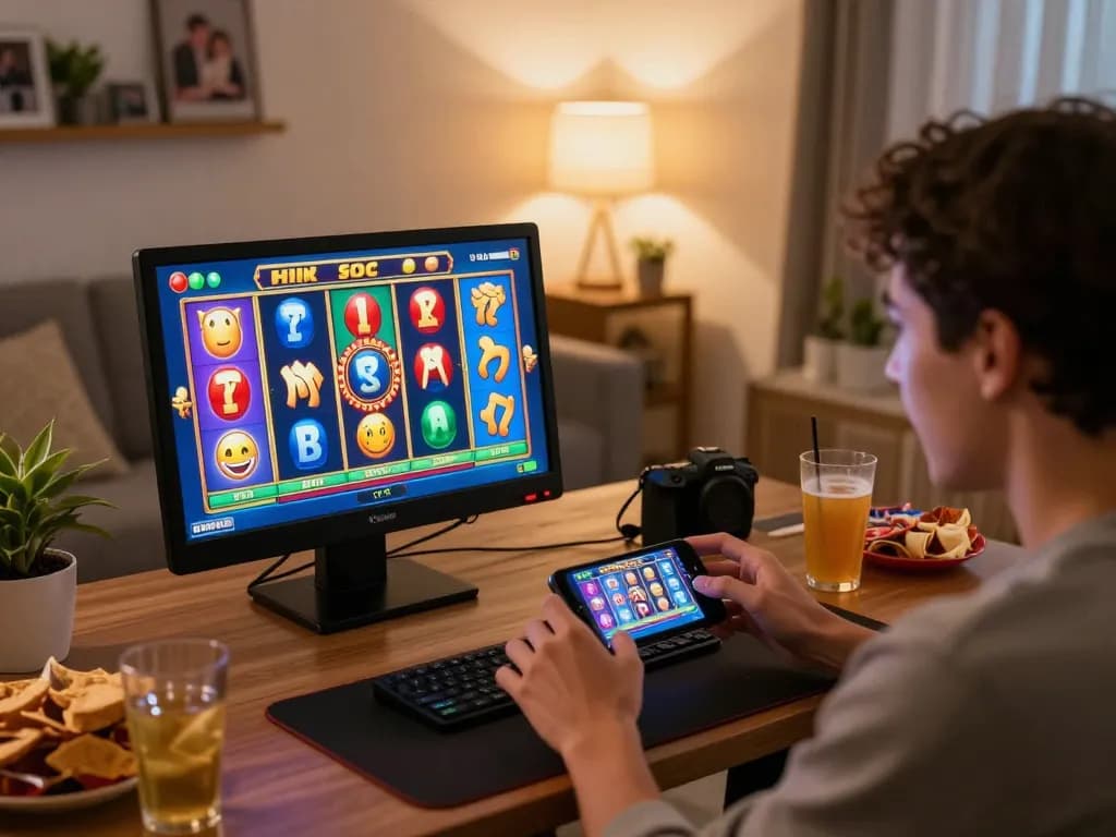 Engaging gameplay on mposport as a player spins slots on a smartphone in a cozy living room.