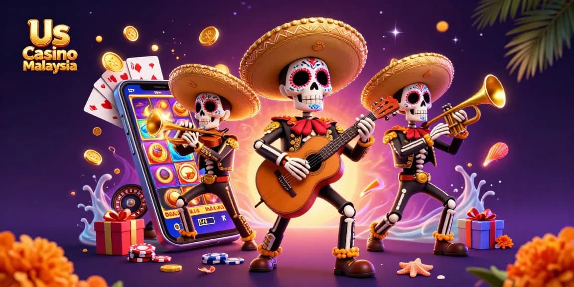 Experience thrilling action at Us Casino Malaysia with vibrant slot games and immersive mariachi band.