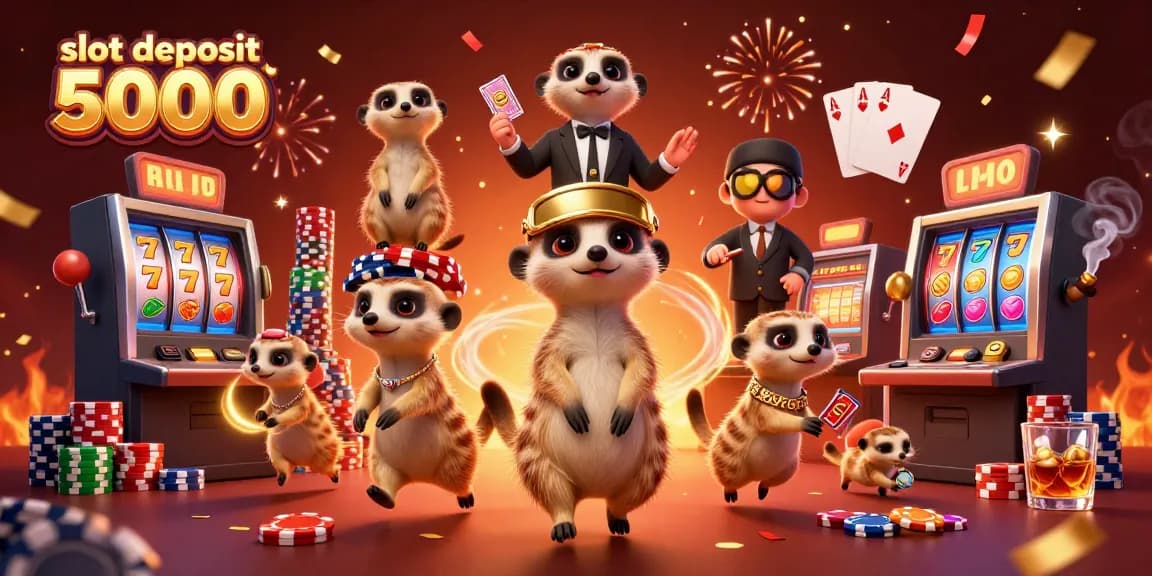 Join the excitement of slot deposit 5000 gameplay with playful meerkats showcasing a vibrant casino atmosphere.