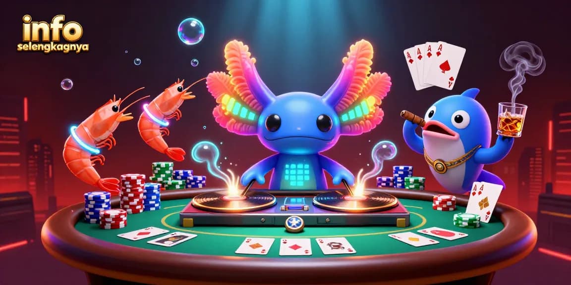 Gali info selengkapnya tentang Slot888 Gacor yang diilustrasikan dengan karakter ceria dan elemen perjudian yang menarik.