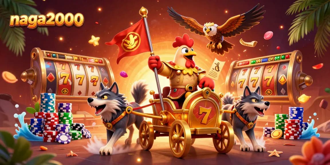 Permainan slot gacor naga2000 dengan simbol keberuntungan di sekitar karakter pahlawan ayam dalam suasana kasino.