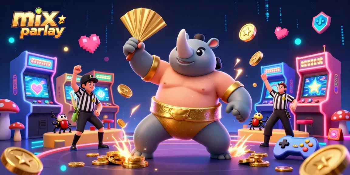 Experience thrilling mix parlay betting with our dynamic cartoon illustration featuring lively characters and casino visuals.