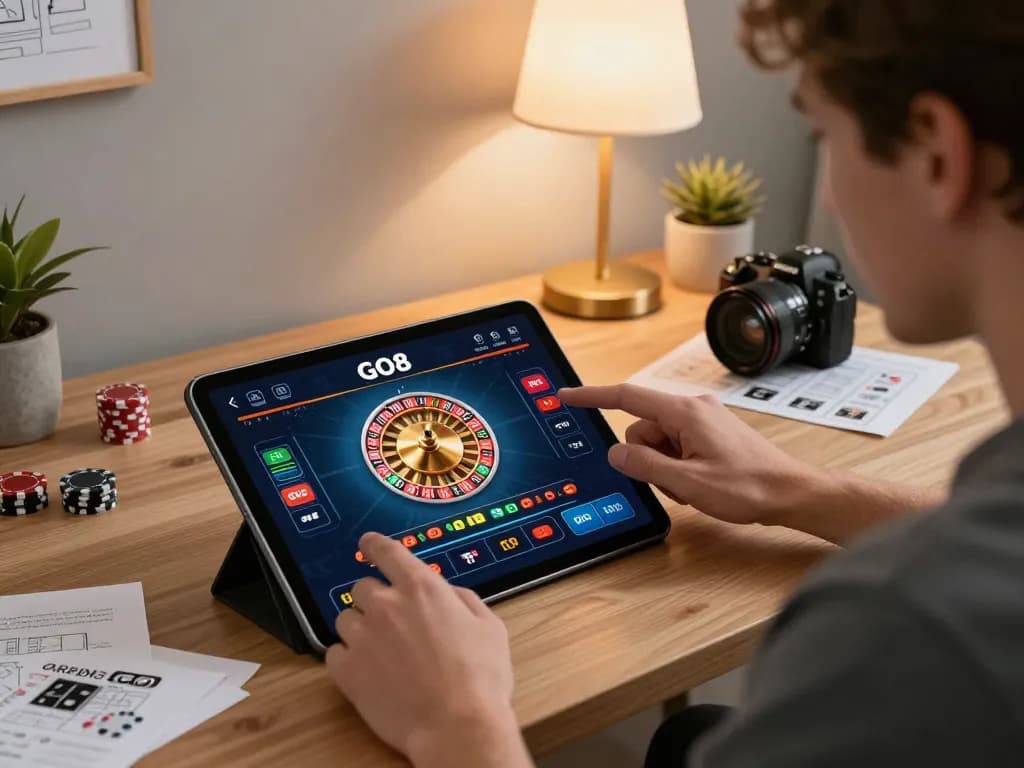 Player engaging with the GO8 app to enjoy an exciting roulette game from a cozy home office.
