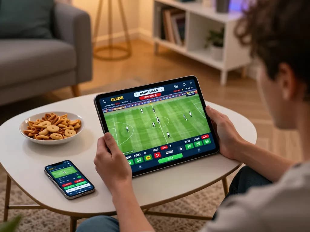 Engaging in kèo bóng đá trực tuyến betting, a user analyzes real-time odds on a tablet in a cozy home setting.