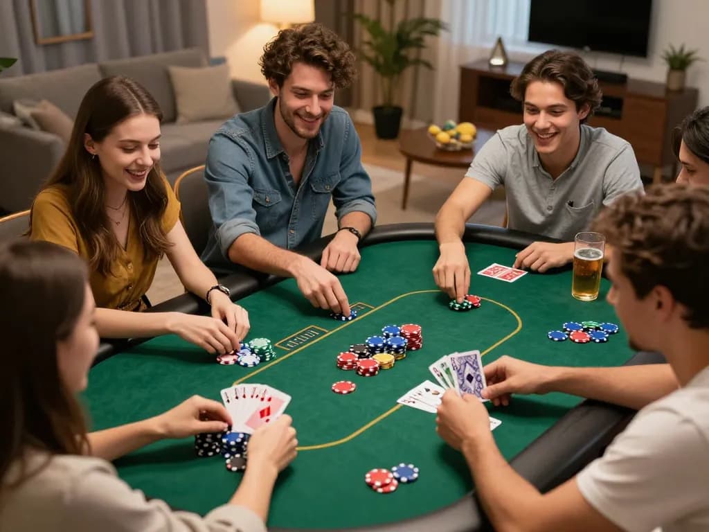 A lively poker game at home showcasing players enjoying hytw3339, with colorful chips and cards on the table.