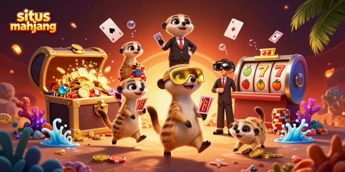 Experience the excitement of situs mahjong with lively meerkat dealers in a vibrant casino scene.