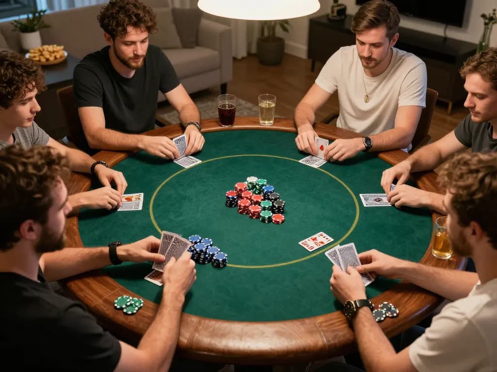 Iwin players enjoying a fun poker night at home, showcasing cards and colorful poker chips.