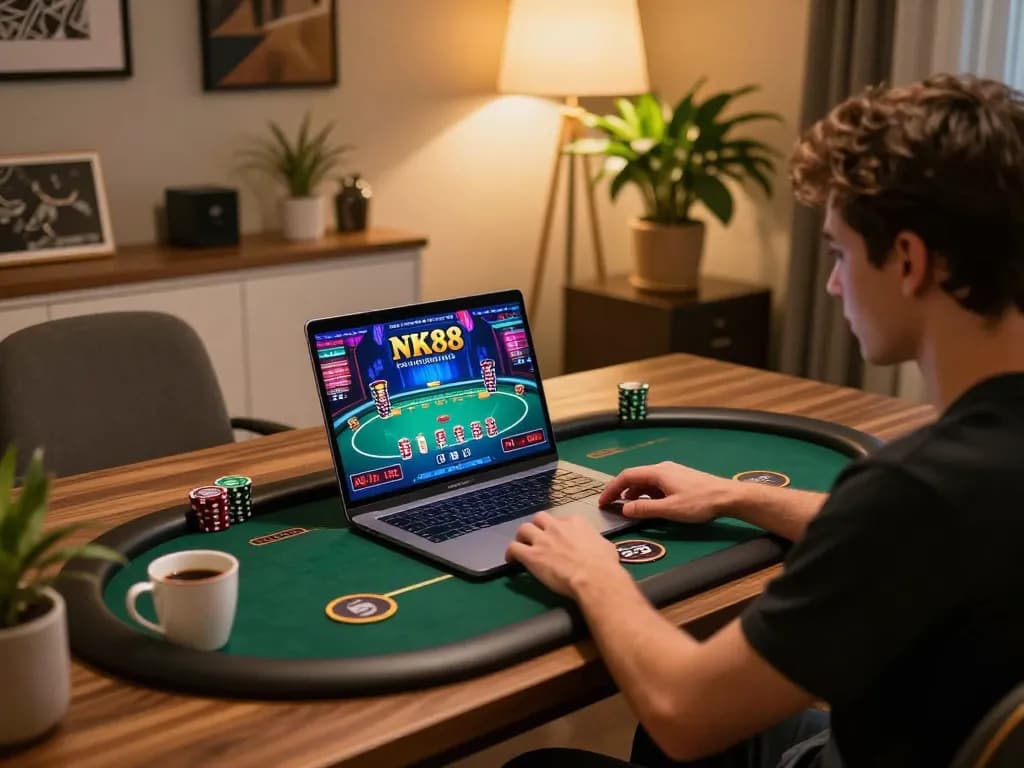 Engaging online gambling experience at NK88 chính thức with player using laptop in cozy setup