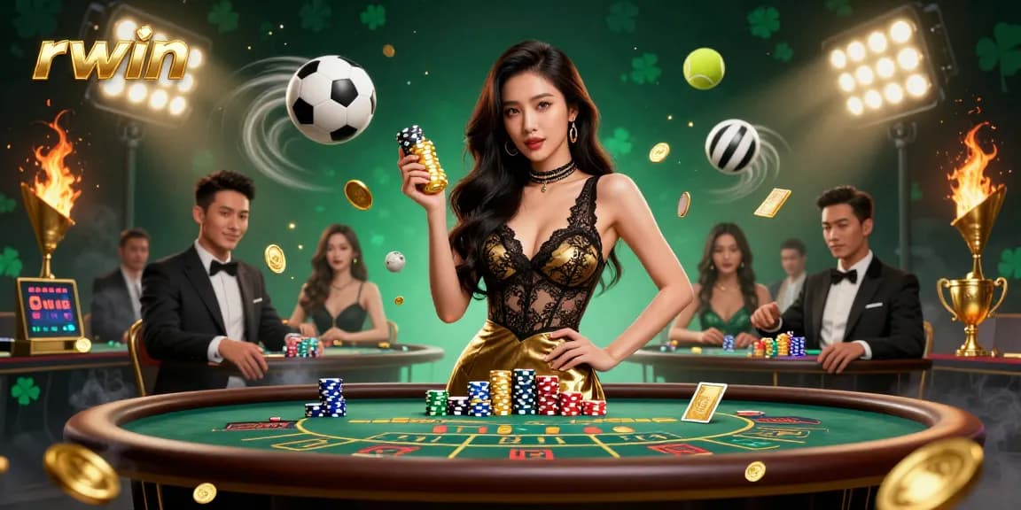 Rwin gaming showcase featuring an elegant baccarat scene with casino elements and excitement.