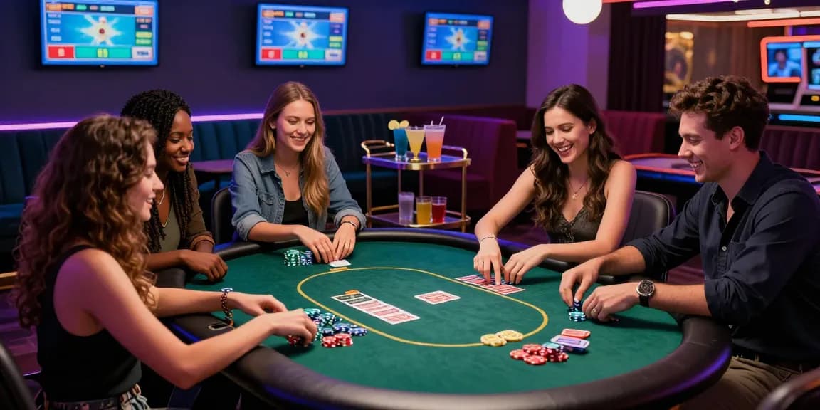 Friends having fun at the IWIN gaming lounge during a poker night