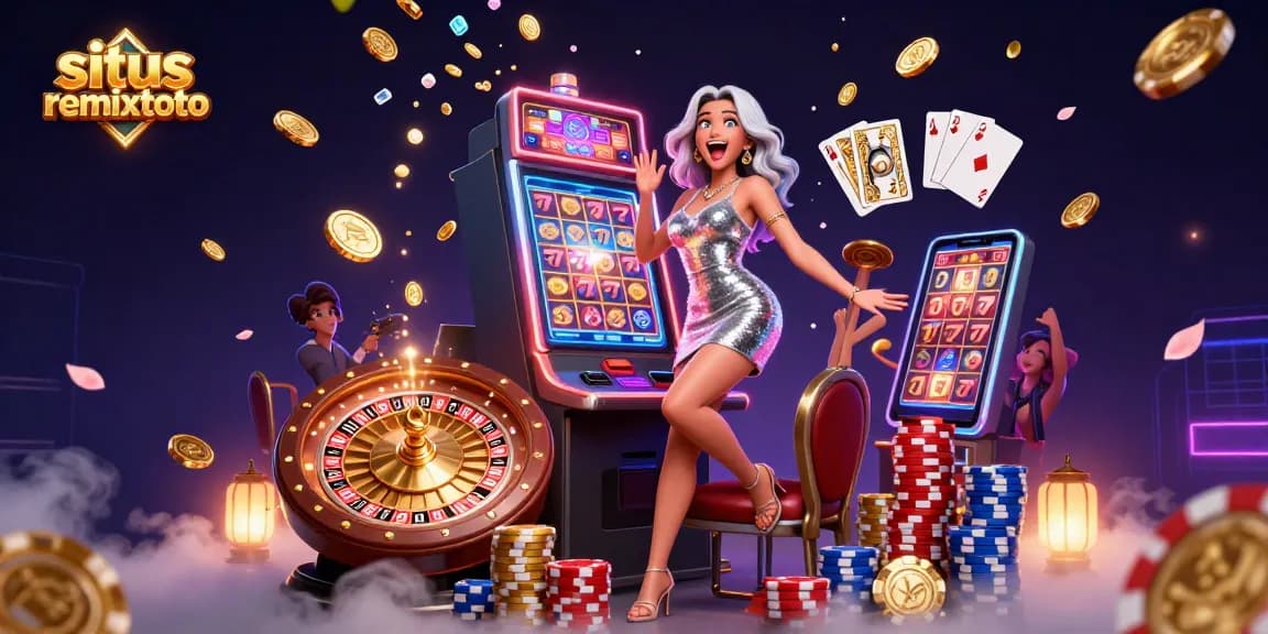 Win big with situs remixtoto as a woman celebrates a jackpot win at a vibrant casino scene.
