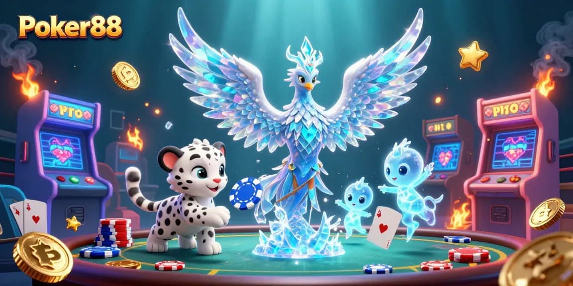 Experience thrilling plays at Poker88 with a vibrant 3D illustration of poker elements and enchanting characters.