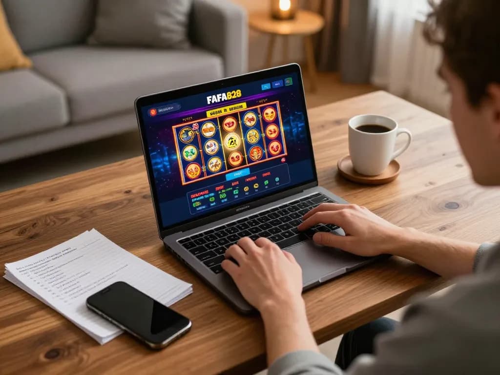FAFA828 user actively playing online slots with engaging graphics in a cozy home gaming setup