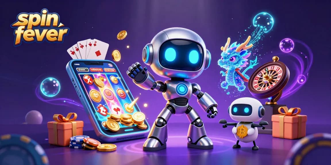 Experience spin fever at the vibrant online casino with animated robots, games, and glowing coins!