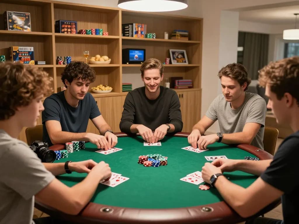 IWIN68 poker night with friends focused on gameplay and vibrant chips in a cozy home setting.