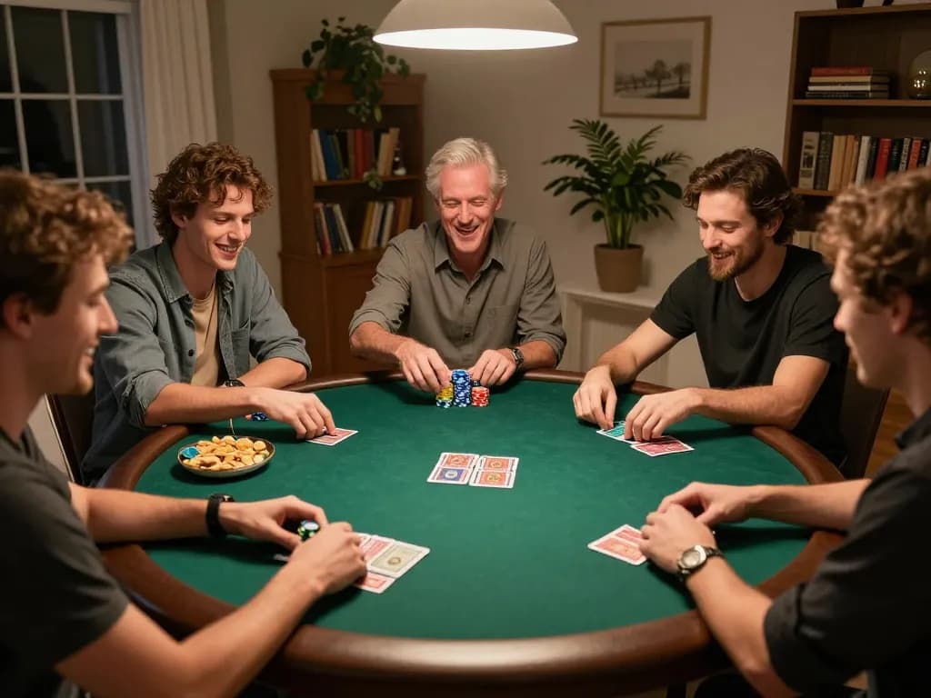 Friends enjoying a lively poker night at home, showcasing the engaging atmosphere around the table and the brand uu88ae.