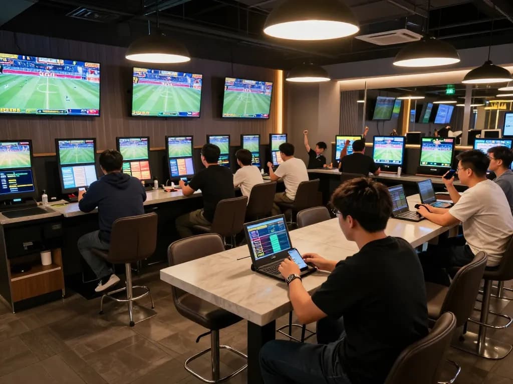 Excited sports bettors engaging with the Net88 app, live events displaying in the background