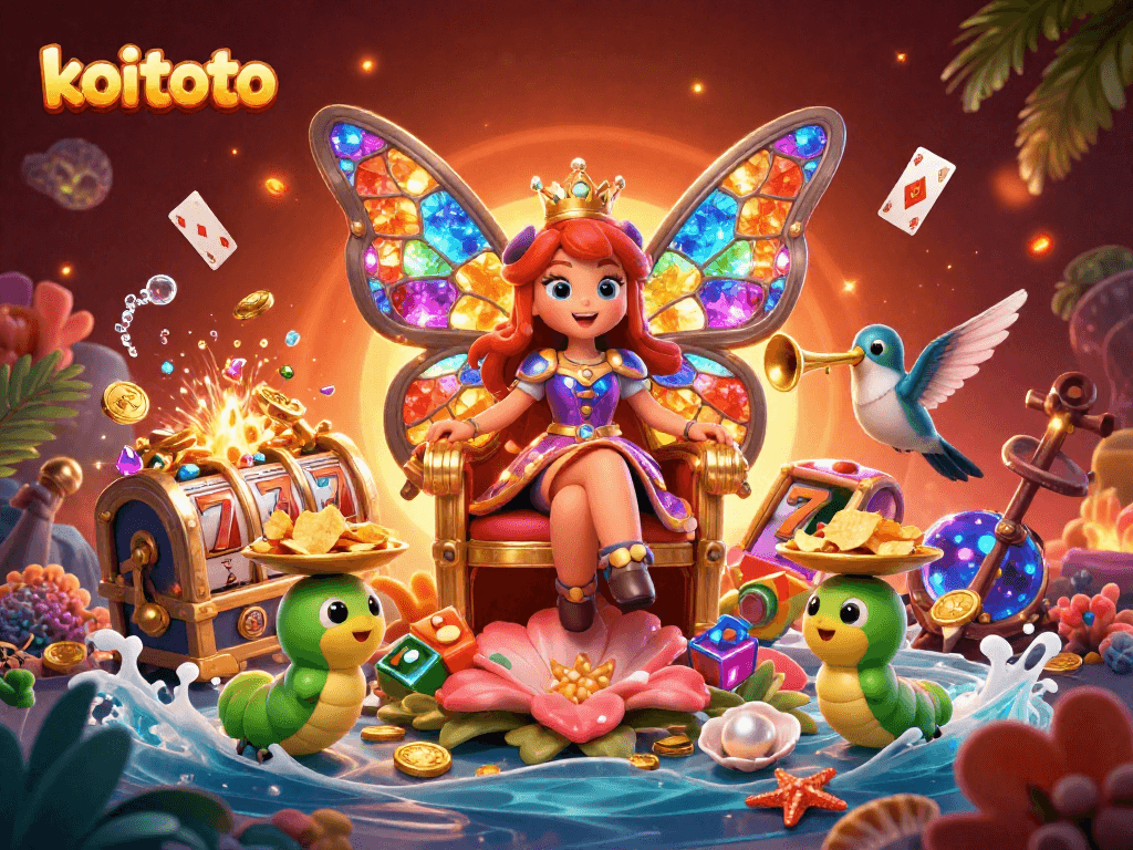 Koitoto menghadirkan slot gacor online terbaru dengan ilustrasi ratu kupu-kupu yang megah dan elemen permainan kasino menarik.