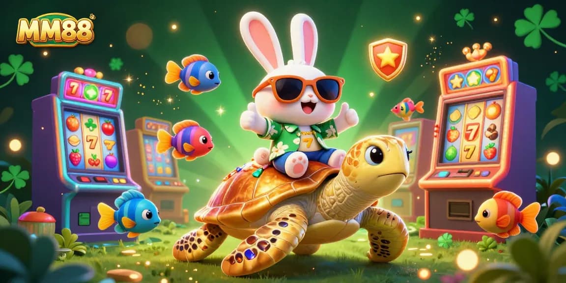 Spin the reels with MM88 in a vibrant casino scene featuring a lucky rabbit and sea turtle.
