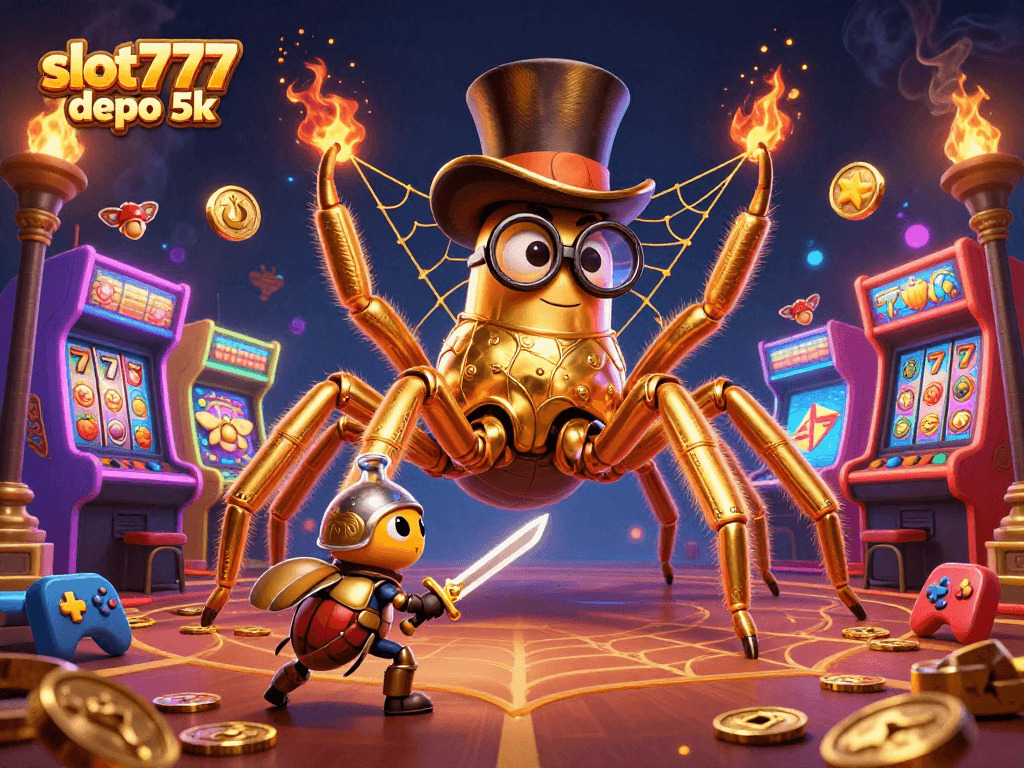 Join the fun in slot777 depo 5k with a magical scene of a giant tarantula, a brave beetle knight, and arcade games.