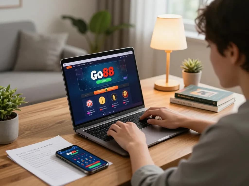 Player enjoying Go88 online casino game on a laptop in a cozy home setup.