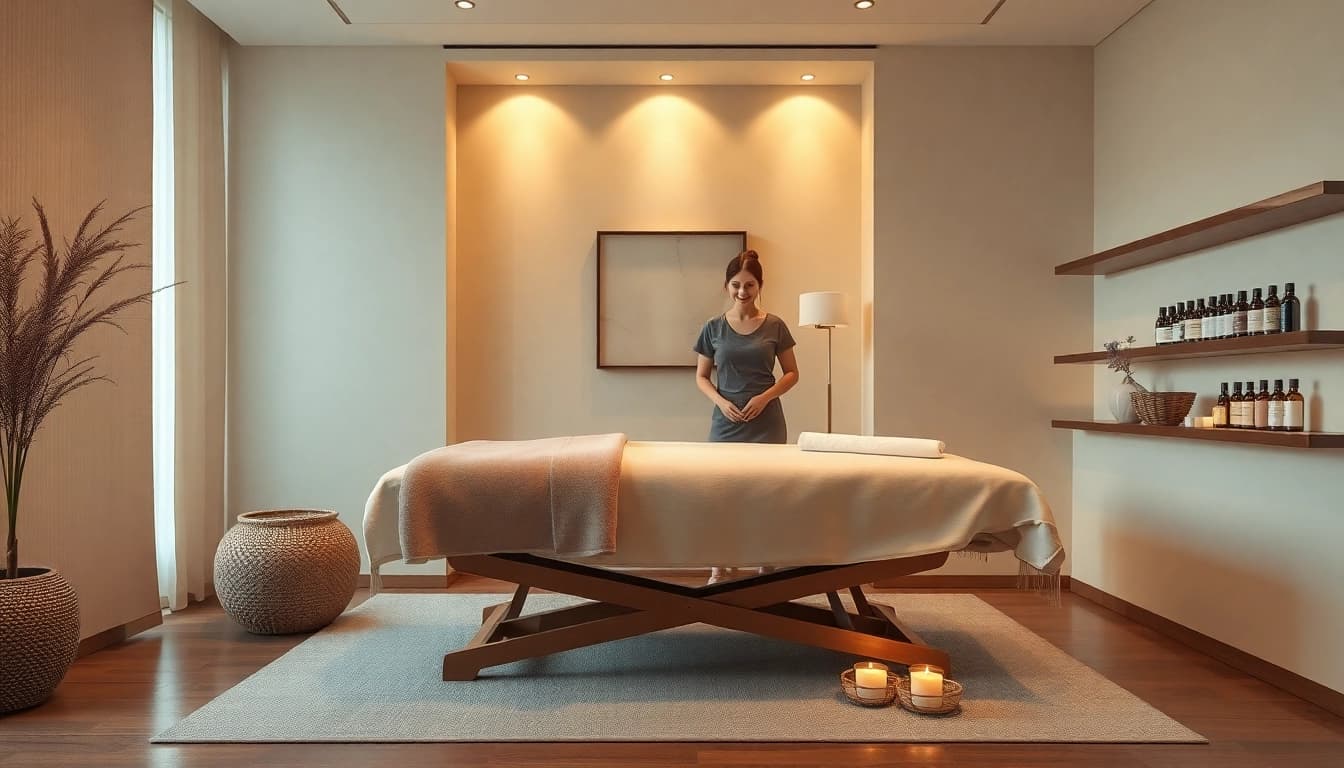 Relaxing atmosphere for 동탄출장마사지 with a professional therapist preparing a serene massage room.