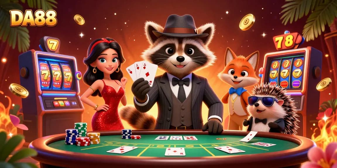 Experience thrilling gameplay with DA88 as a suave raccoon, stunning fox lady, and cool hedgehog entertain players amidst rich casino visuals.