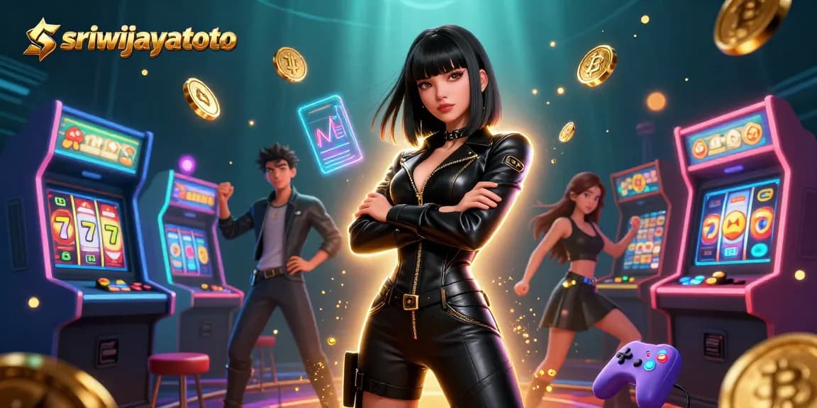 Sriwijayatoto features an Asian woman showcasing casino excitement in a vibrant 3D illustration.
