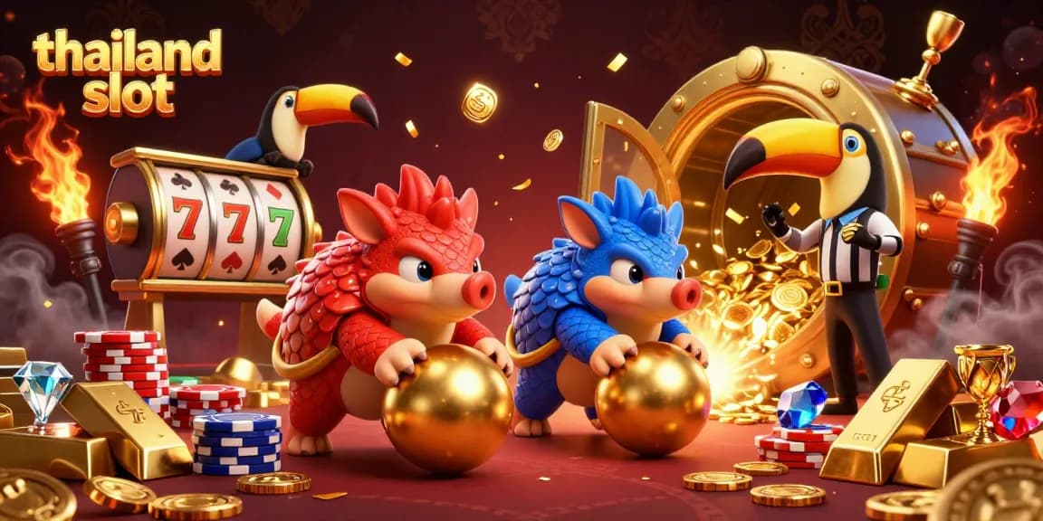 Experience the excitement of thailand slot as pangolins roll golden balls, with vibrant casino elements surrounding them.
