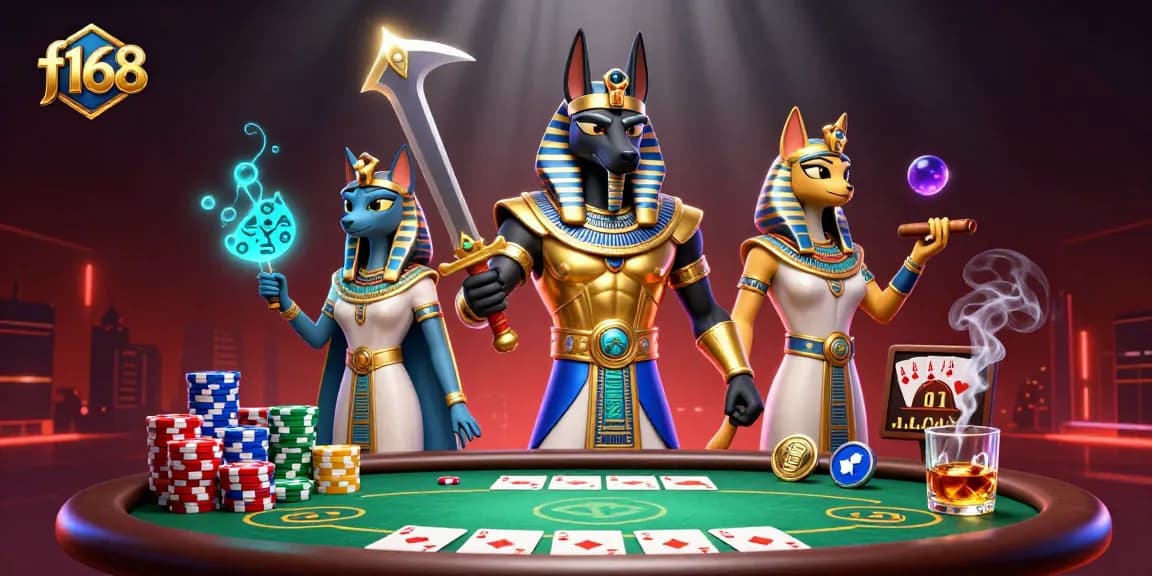 Experience thrilling f168 action with Anubis and Bastet at a vibrant poker table.