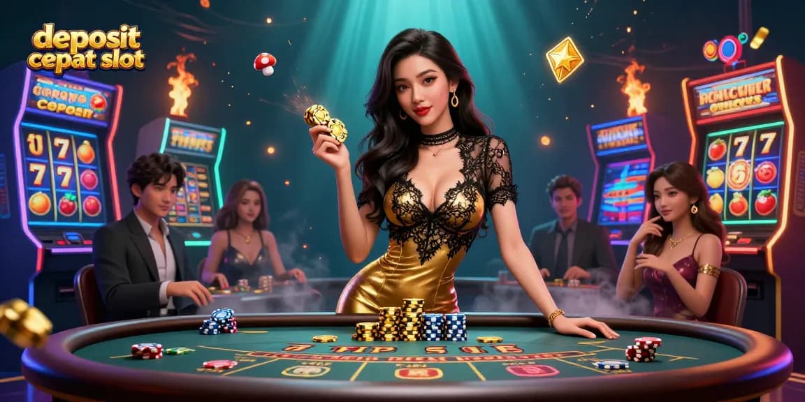 Engage in thrilling deposit cepat slot adventures with a beautiful Asian woman at a VIP baccarat table.