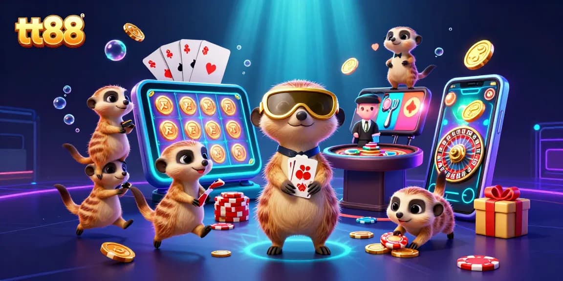 Experience winning strategies at tt88 with immersive casino fun, meerkats managing vibrant gaming operations.