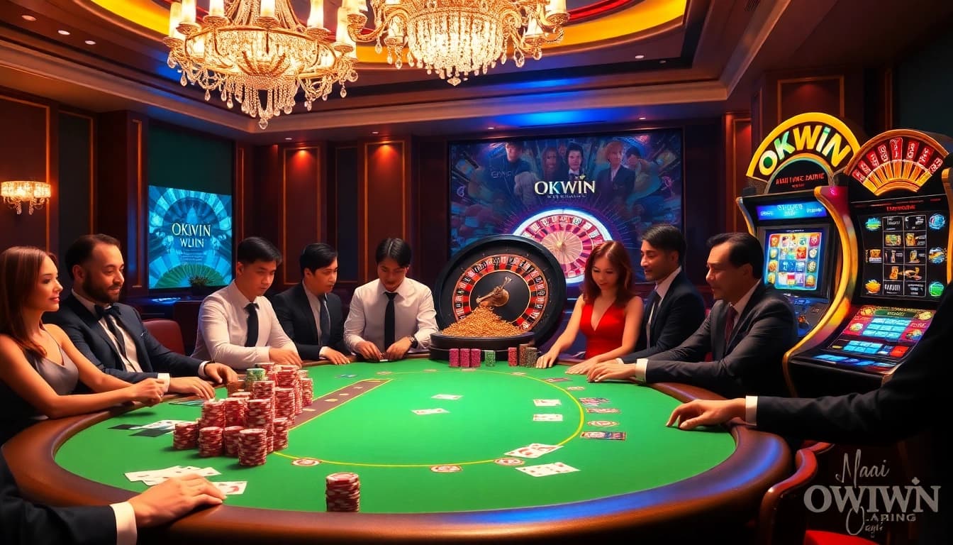 High-stakes gambling scene showcasing professional players at a Nhà Cái OKWIN poker table.